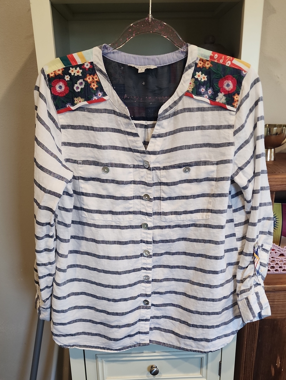 John Mark White and Navy Striped Button-Front Top with Floral Shoulder Panels